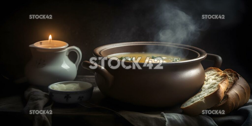 Eine Schüssel dampfend heiße Suppe mit knusprigem Brot und Butter