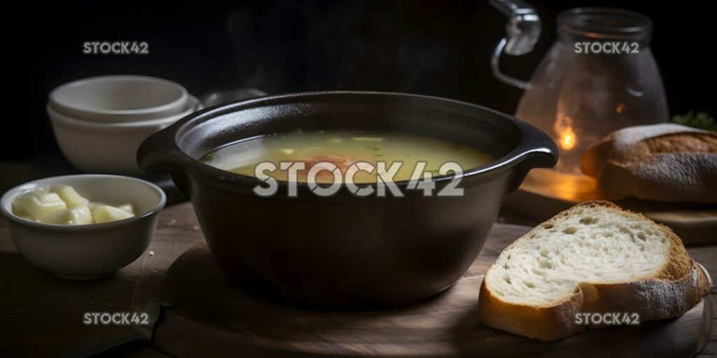 A bowl of steaming hot soup with crusty bread and butter one