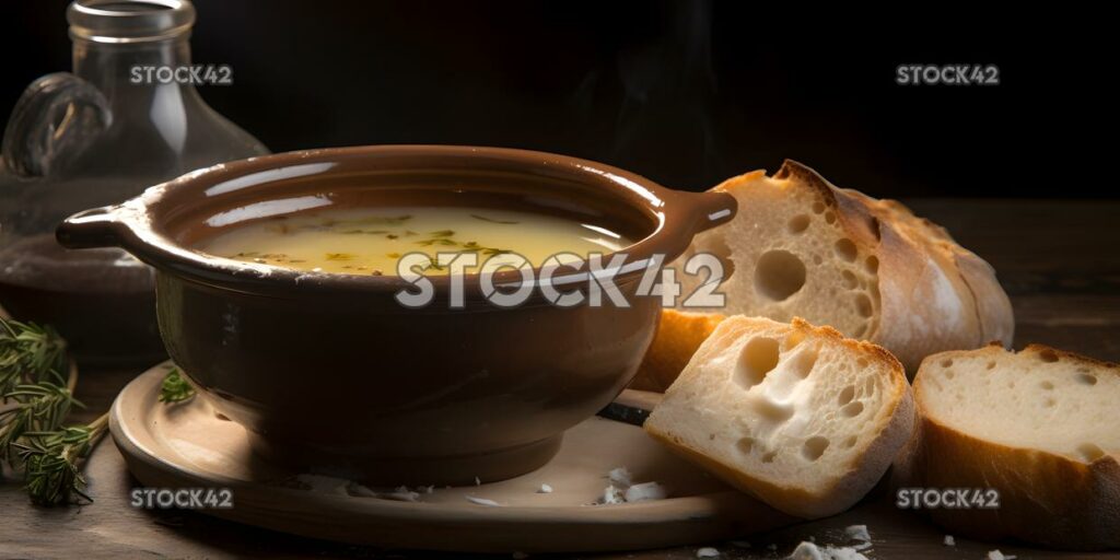 A bowl of steaming hot soup with crusty bread and butter three