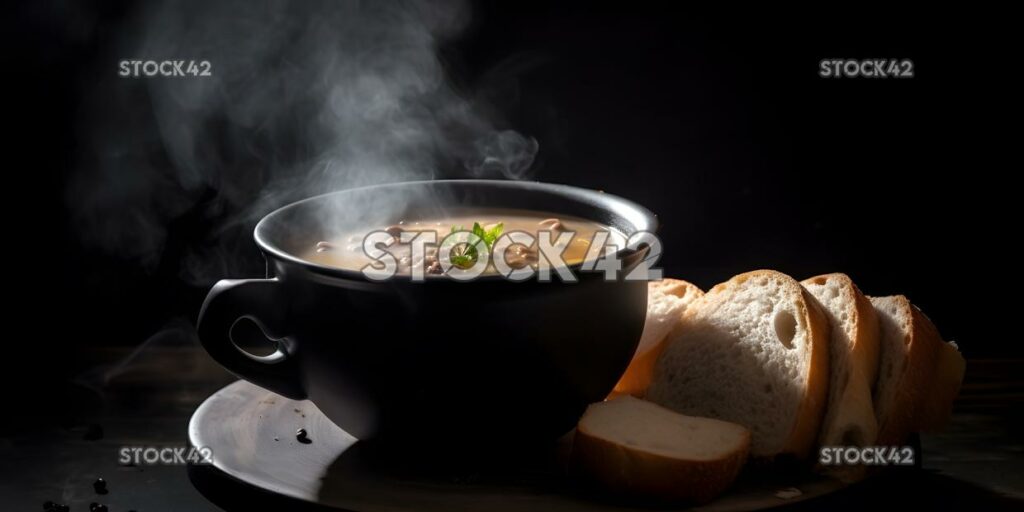 A bowl of steaming hot soup with crusty bread and butter two