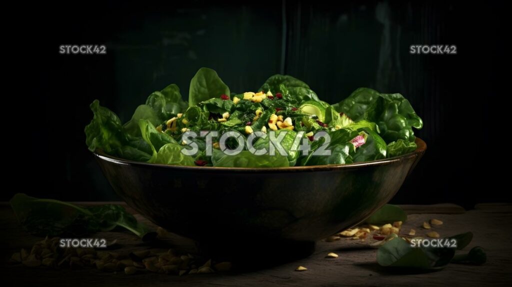 A bowl of vibrant green salad with a sprinkle of nuts and