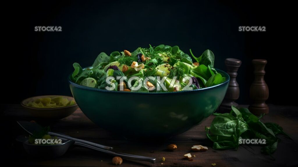 Un tazón de ensalada verde vibrante con una pizca de nueces y uno