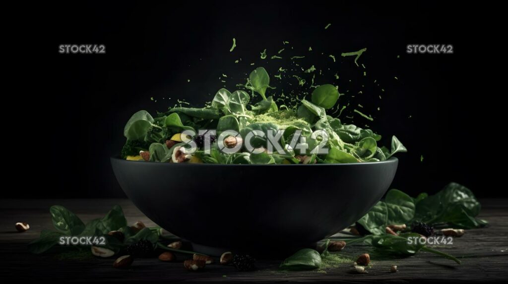 Un tazón de ensalada verde vibrante con una pizca de nueces y tres