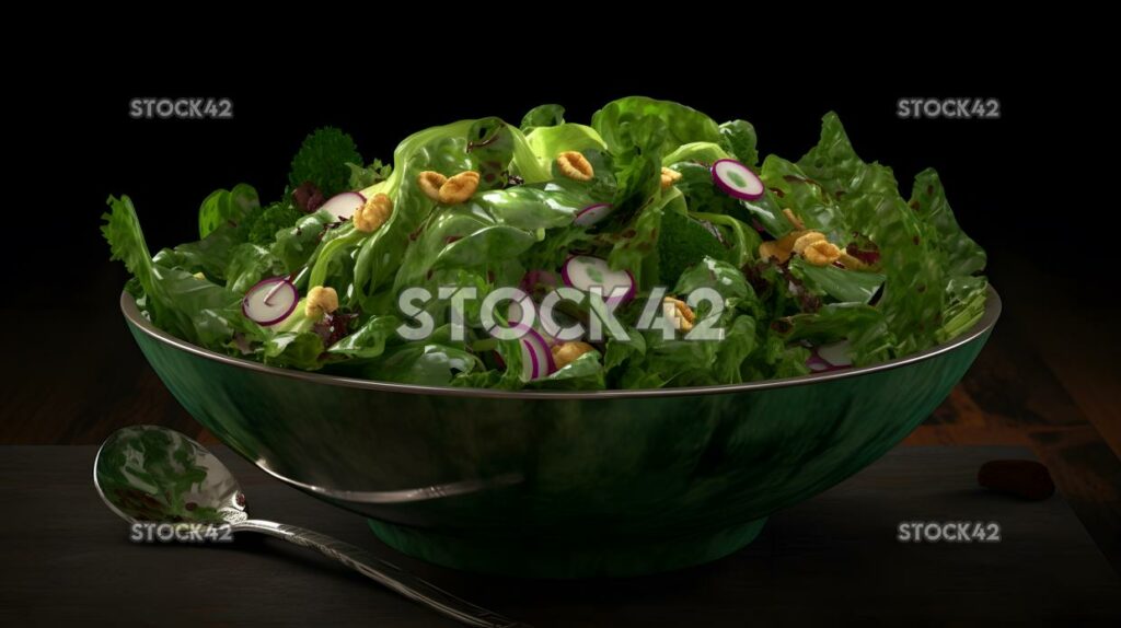 A bowl of vibrant green salad with a sprinkle of nuts and two