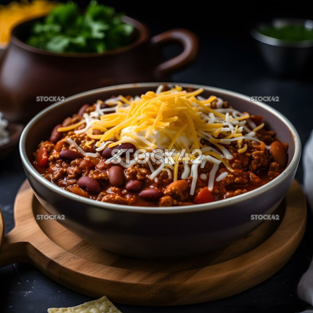 A bowl of warm comforting chili with shredded cheese on t