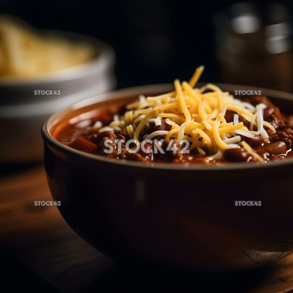 A bowl of warm comforting chili with shredded cheese on t one