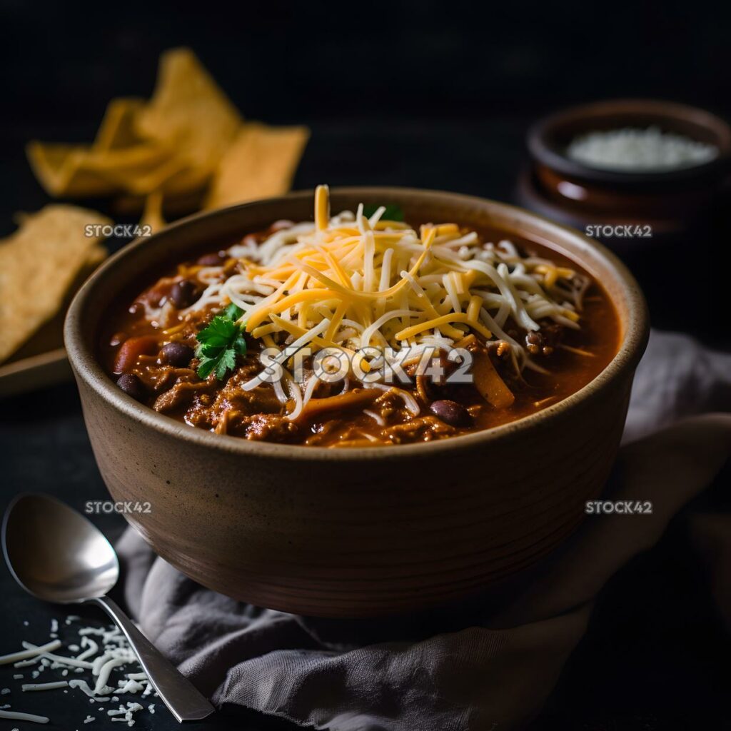 A bowl of warm comforting chili with shredded cheese on t three