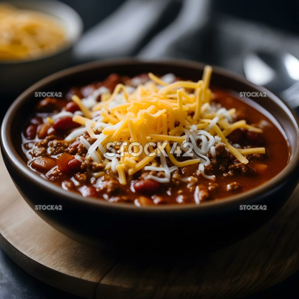 A bowl of warm comforting chili with shredded cheese on t two