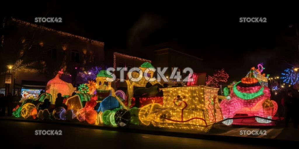 A brightly lit Christmas parade with colorful floats musi