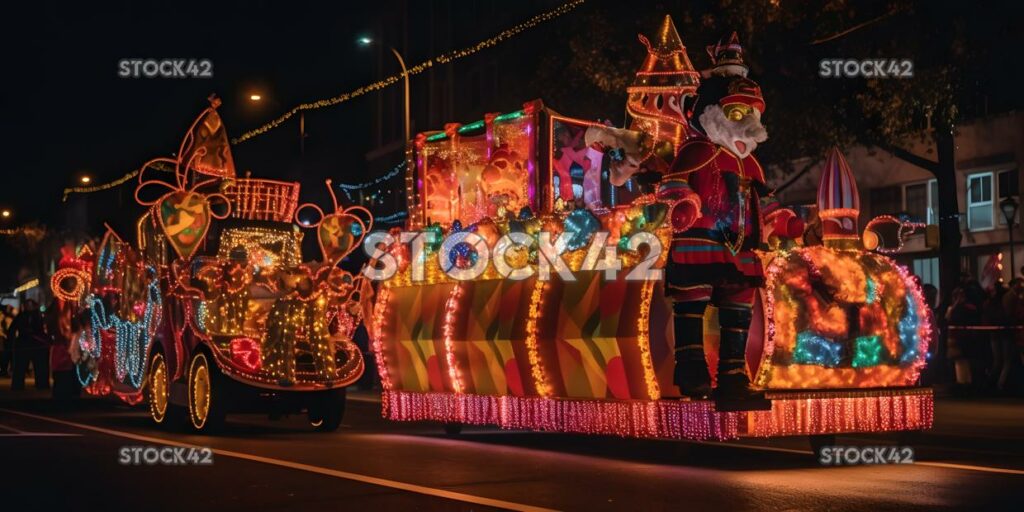 A brightly lit Christmas parade with colorful floats musi one