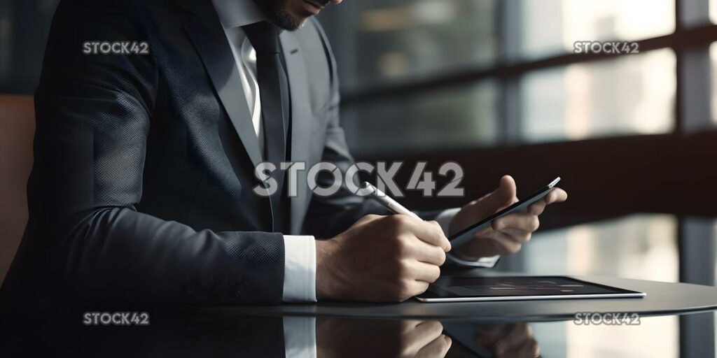 A businessman reviewing a report on a tablet