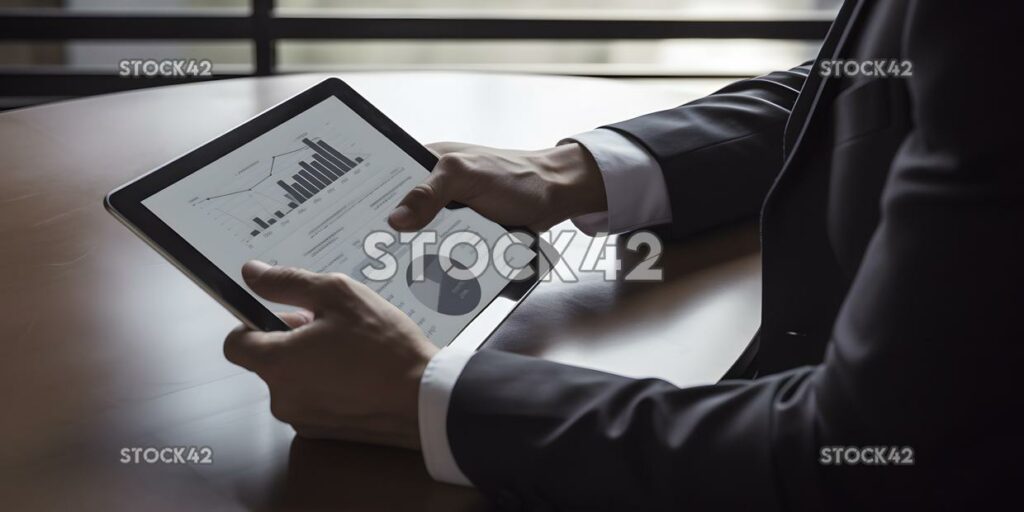 A businessman reviewing a report on a tablet one