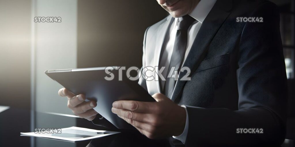 A businessman reviewing a report on a tablet two