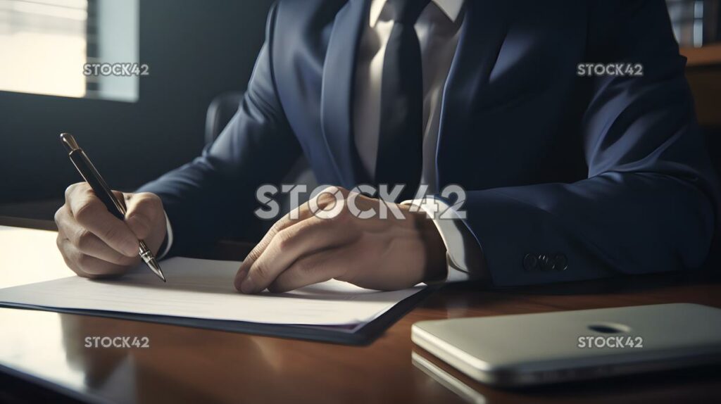 Un hombre de negocios firmando un contrato en una tableta dos