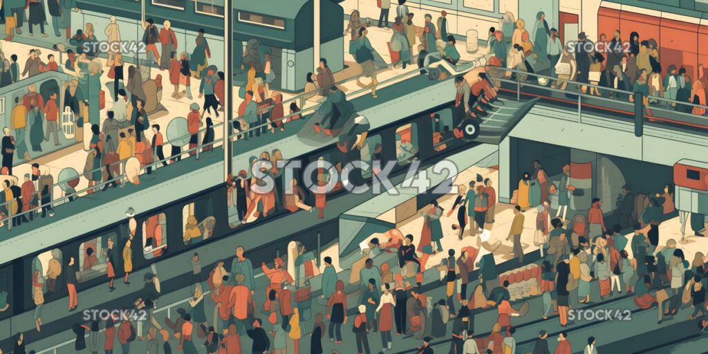 A bustling train station with passengers rushing to catch one