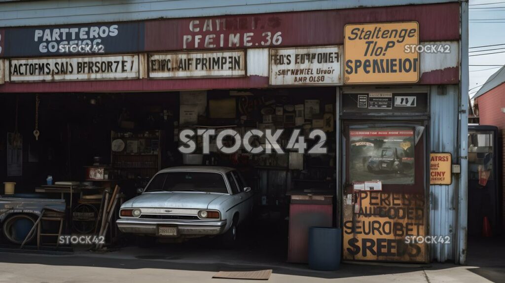 A car repair shop with a sign displaying services offered three