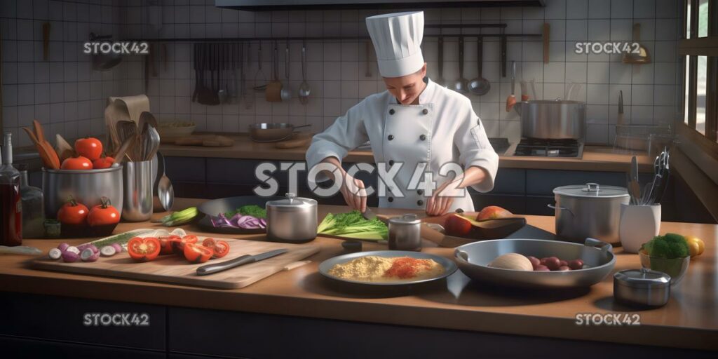 A chef preparing a healthy meal with fresh ingredients in one