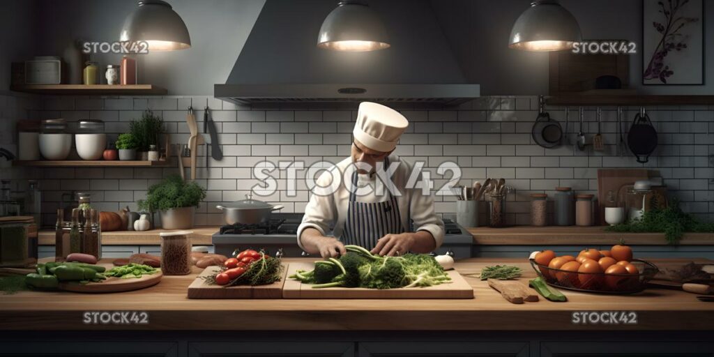 A chef preparing a healthy meal with fresh ingredients in three