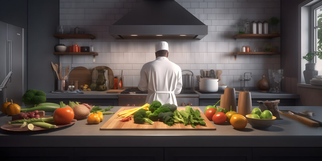 Ein Koch, der eine gesunde Mahlzeit mit frischen Zutaten in zwei Hälften zubereitet