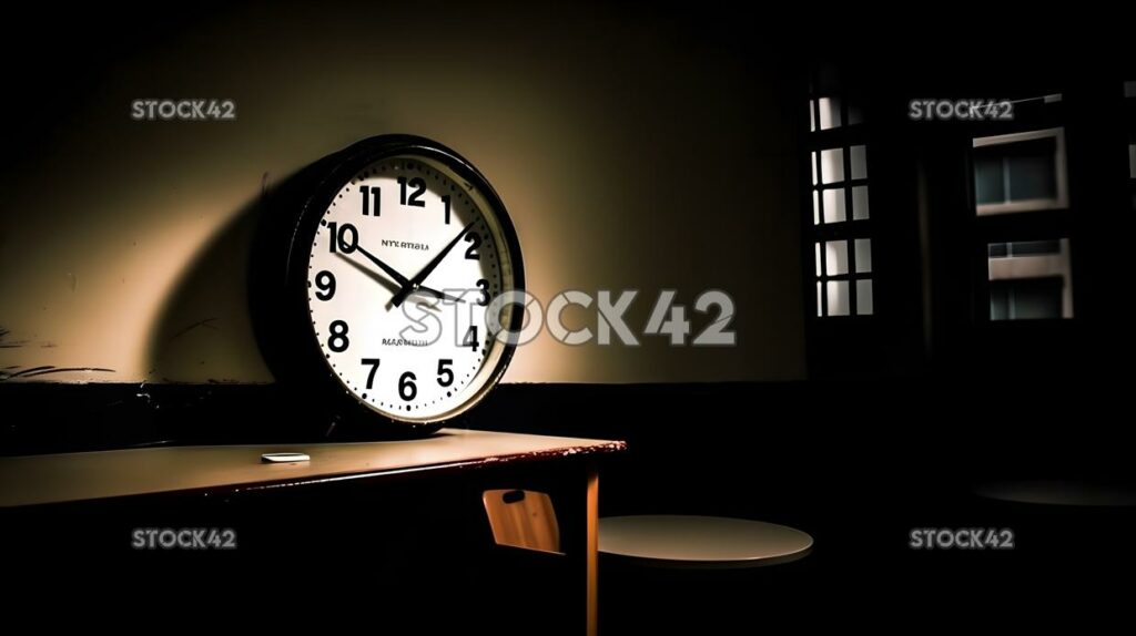 A classroom clock ticking away the minutes high contrast