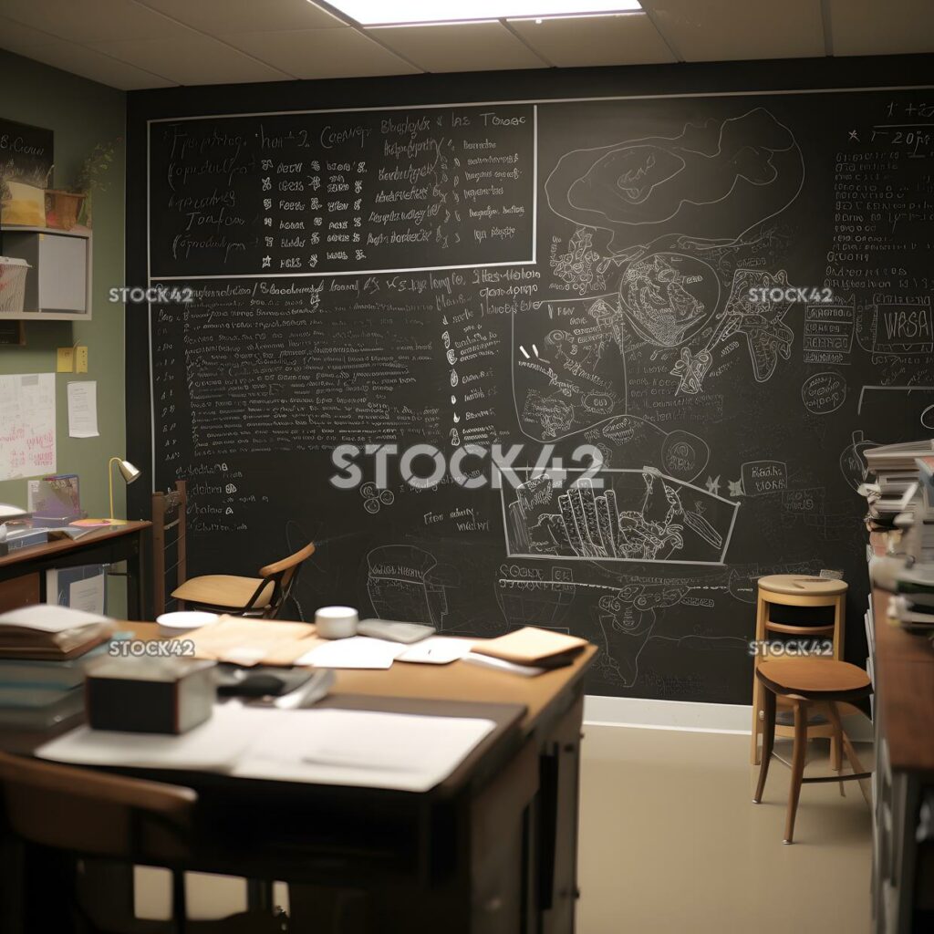 A classroom with a chalkboard filled with notes and diagr