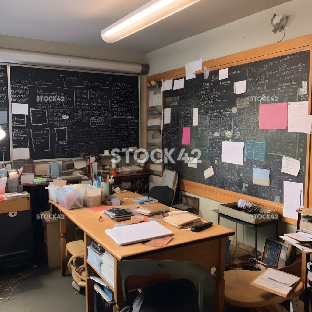 A classroom with a chalkboard filled with notes and diagr one