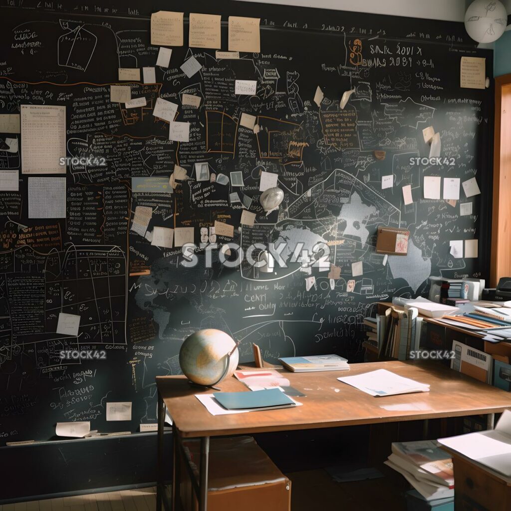 A classroom with a chalkboard filled with notes and diagr two