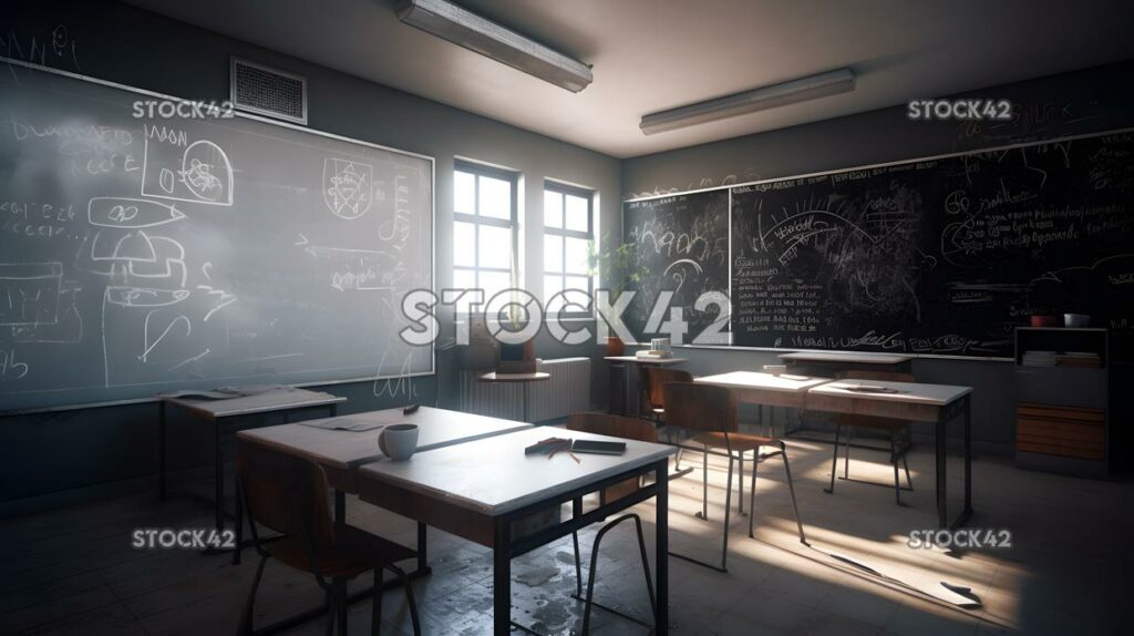 A classroom with a whiteboard filled with formulas and eq