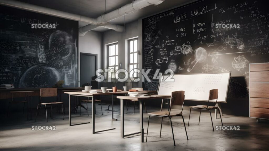 A classroom with a whiteboard filled with formulas and eq one