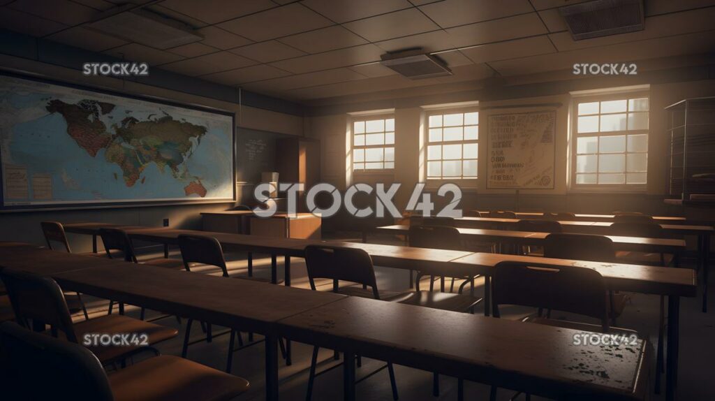 A classroom with rows of desks and a projector screen Hyp