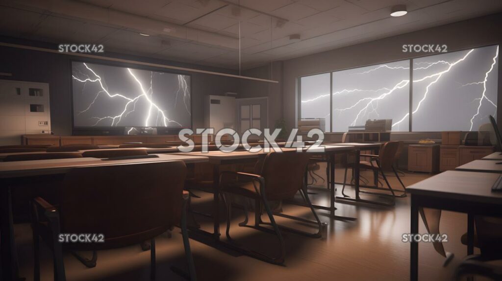 A classroom with rows of desks and a projector screen Hyp one