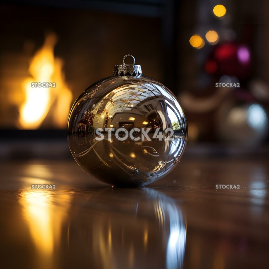 A close-up of a Christmas ornament with a reflection of a