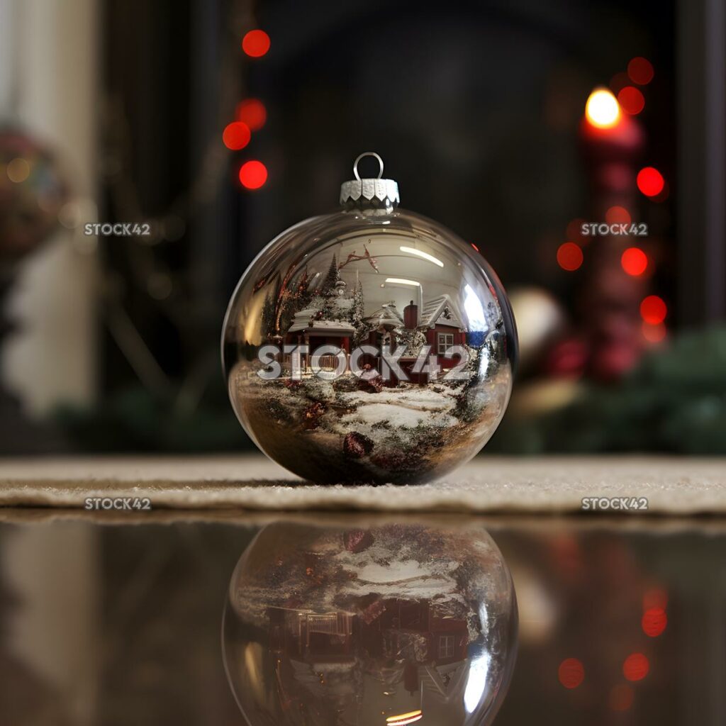 A close-up of a Christmas ornament with a reflection of a one