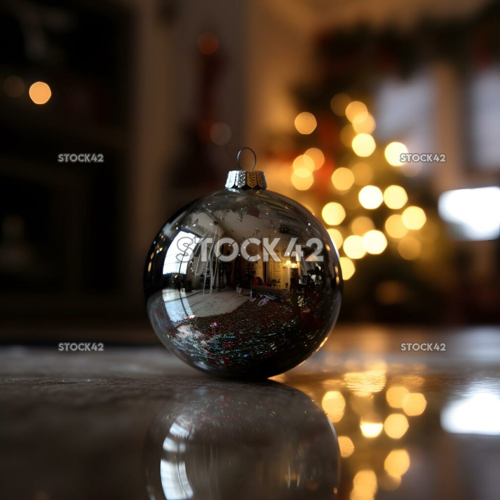 Un primer plano de un adorno navideño con un reflejo de un tres