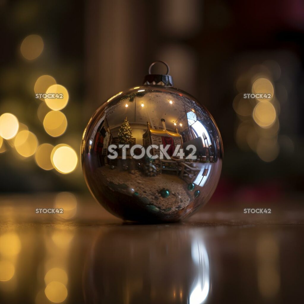 A close-up of a Christmas ornament with a reflection of a two