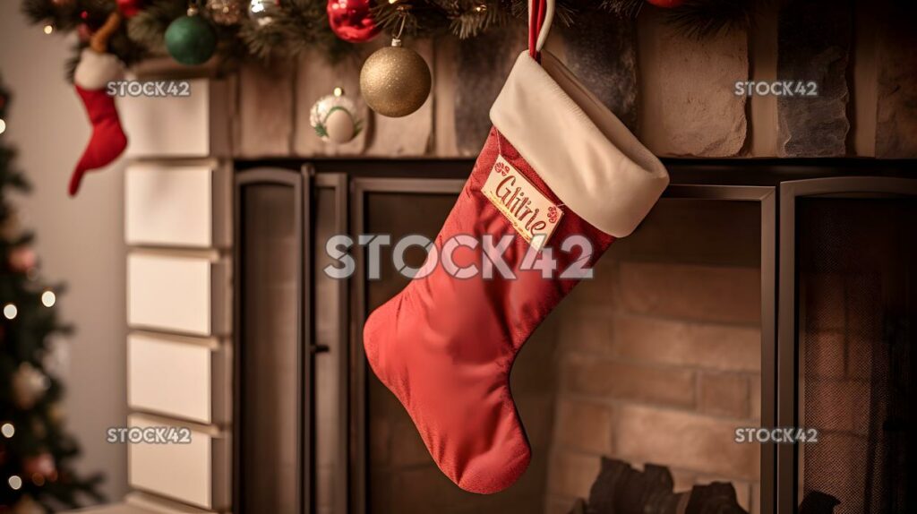 A close-up of a Christmas stocking hanging on a mantel wi