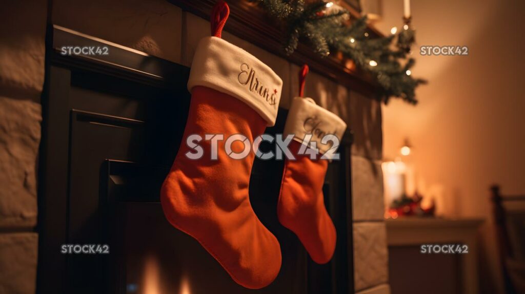 A close-up of a Christmas stocking hanging on a mantel wi one