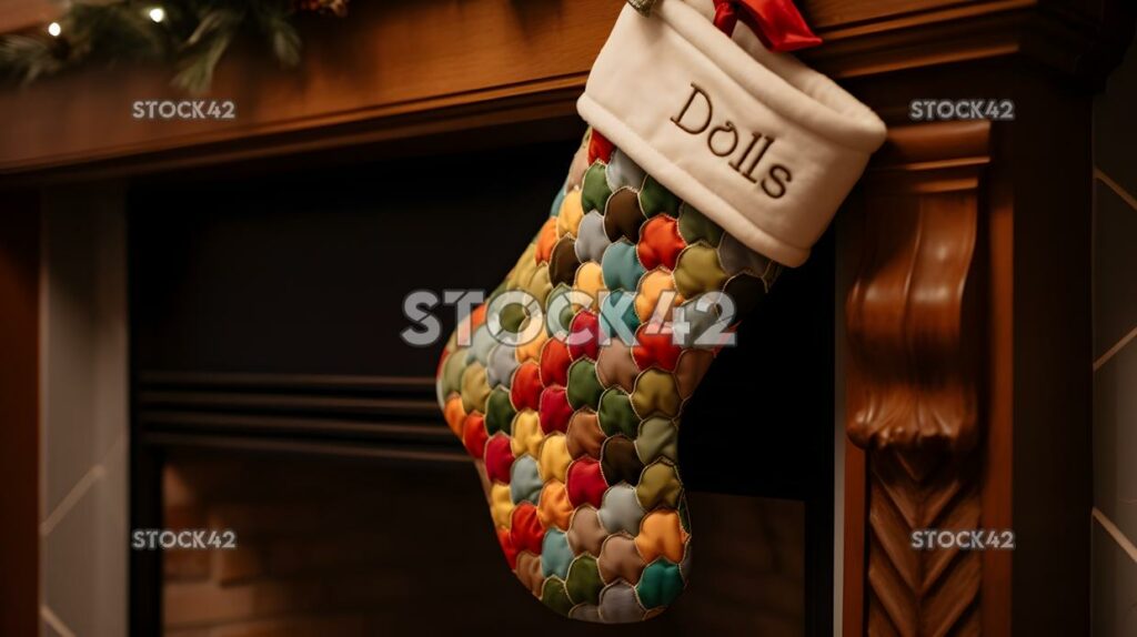 A close-up of a Christmas stocking hanging on a mantel wi three