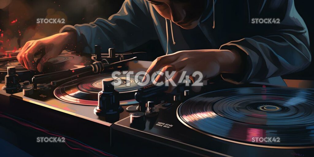 A close-up of a DJ spinning records at a club party Hyper