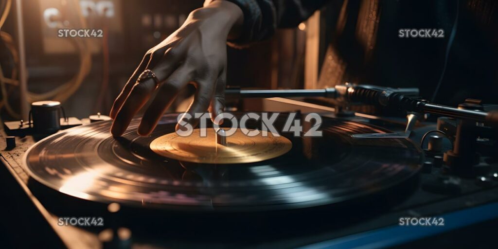 A close-up of a DJ spinning records at a club party Hyper one