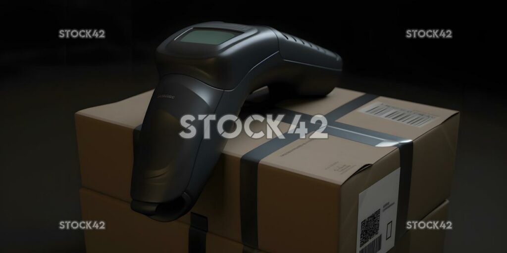 A close-up of a barcode scanner and inventory management  one