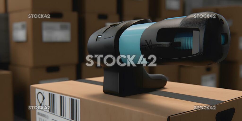 A close-up of a barcode scanner and inventory management  two