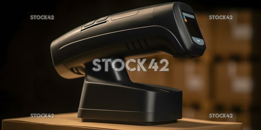 A close-up of a barcode scanner and inventory management_