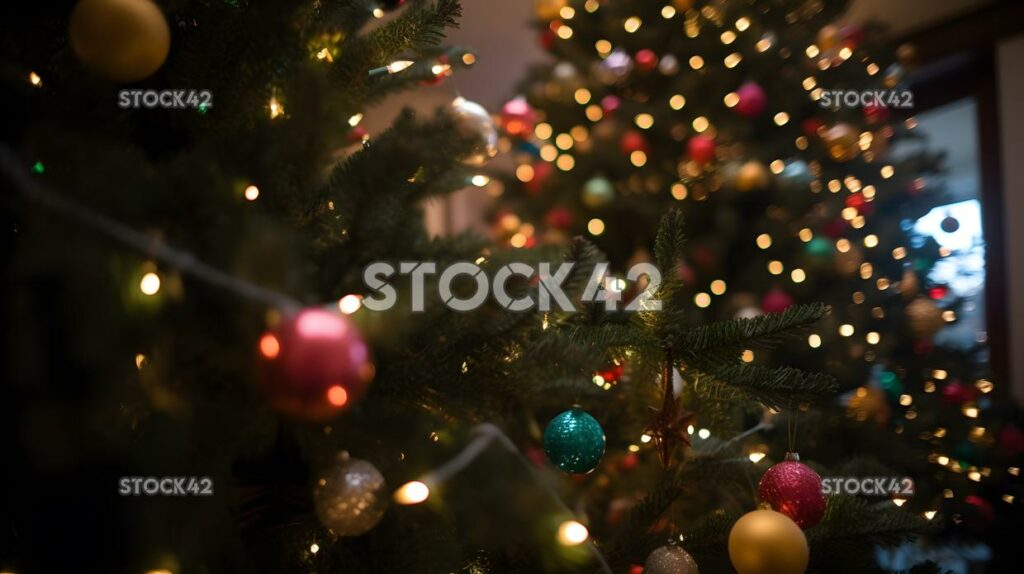 A close-up of a beautifully decorated Christmas tree with