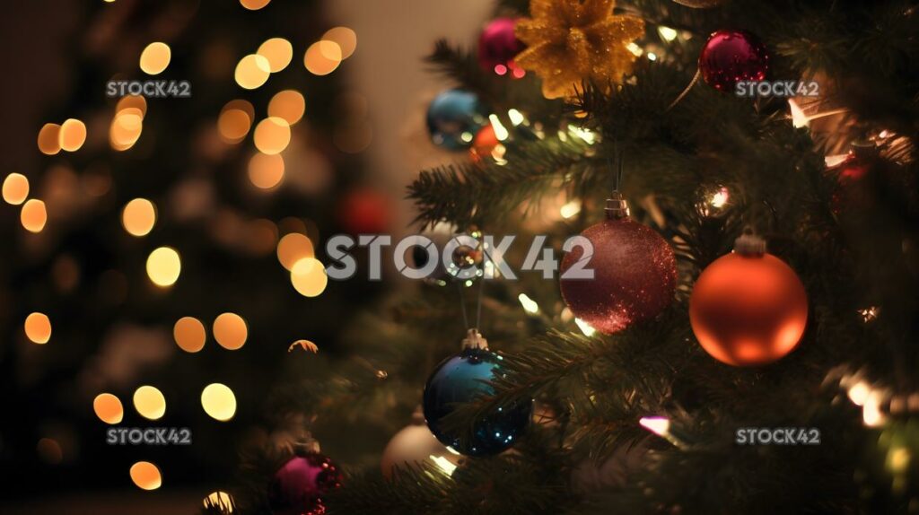 A close-up of a beautifully decorated Christmas tree with one