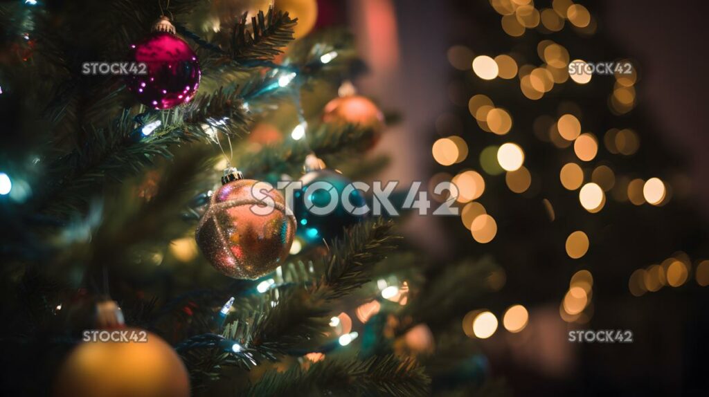 A close-up of a beautifully decorated Christmas tree with three