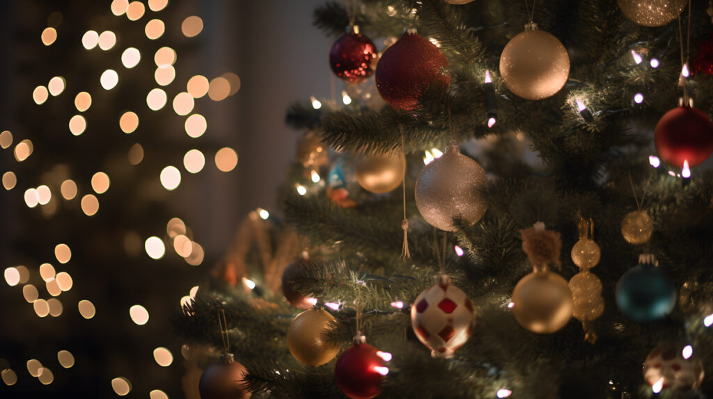 A close-up of a beautifully decorated Christmas tree with two