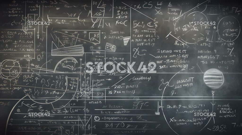 Un primer plano de una pizarra con varias ecuaciones matemáticas y