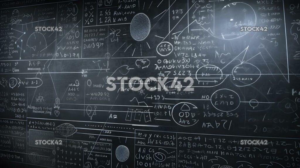 Nahaufnahme einer Kreidetafel mit verschiedenen mathematischen Gleichungen und einer