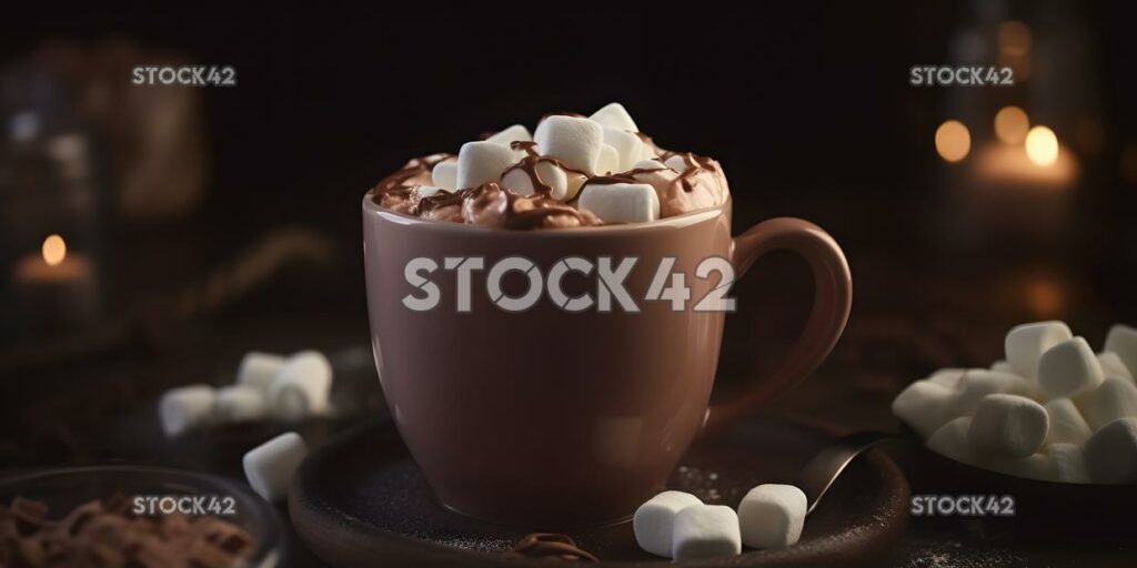 Eine Nahaufnahme einer Tasse heißen Kakaos mit Marshmallows und wh